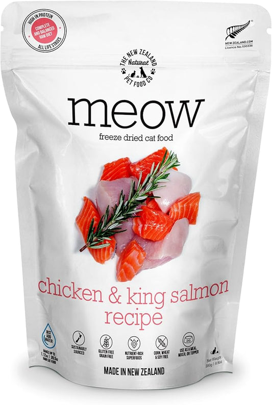 Meow Chicken & King Salmon Freeze Dried Raw Cat Food, Mixer, or Topper, or Treat - High Protein, Natural, Limited Ingredient Recipe 9.9 oz