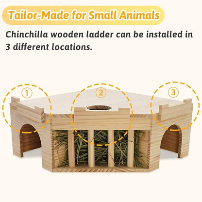 Fhiny Guinea Pig Wooden Castle with Hay Holder, Ventilated Chinchilla Hideout with Feeding Bowl Ladder, Small Animal Multi Chamber Hideaway for Young Guinea Pigs Chinchillas Hedgehogs