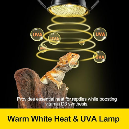 G9 Reptile Heat Lamp Combo Kit- 50W UVA Basking Bulb & Low Profile Tank Hood for Bearded Dragons Turtles Lizards Leopard Geckos | Terrarium Heating Lamp with Safety Mesh & Warm White Bulb