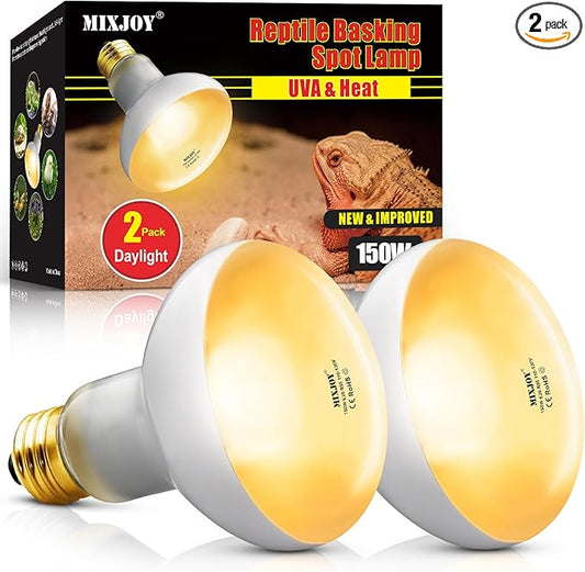 MIXJOY 150W Reptile Heat Lamp Bulbs, 2Pack Heat Lamp Bulbs for Reptiles Basking Bulbs UVA Daylight Basking Light Amphibians Heating Lamp Emitter for Lizard, Tortoise, Bearded Dragon Gecko, Chicken