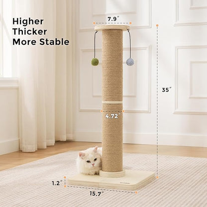 35'' Tall Cat Scratching Post, 4.7'' Large Scratch Post with Thicken Wooden Base for Indoor Cats Adults, Sisal Scratcher Top & Dangling Balls, Super Sturdy