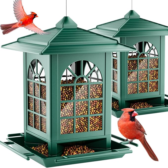 Birdream 2 Pack Bird Feeders for Outdoors Hanging - 7LB Total Capacity Classic Courtyard Design Fun Assembly Large Bird Feeder, Attracting Wild Birds Cardinals Goldfinches Sparrows - Green