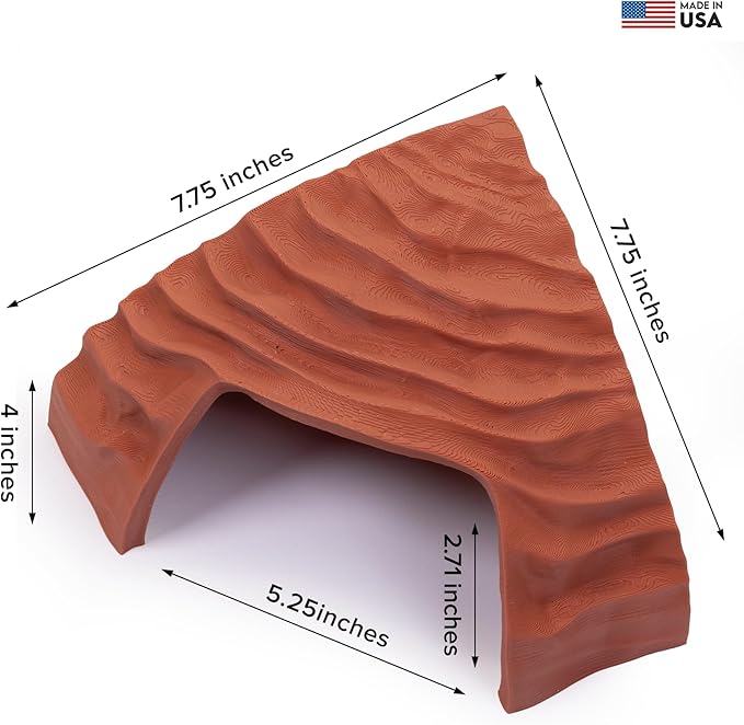 Corner Reptile Cave - Natural-Look Hide for Lizards, Snakes, Bearded Dragons, Turtles, and Tortoises - Durable Habitat Decor - Terracotta