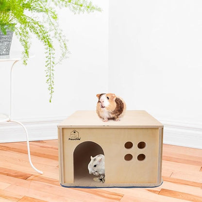 PAWCHIE Guinea Pig House Hide - Wooden Hideout for Chinchilla Small Animals, Habitat with Windows Guinea Pig Hamster Rat Living