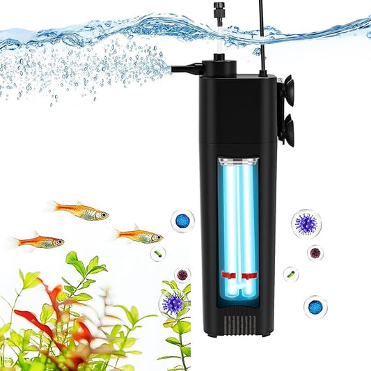 fishkeeper Aquarium Filter U-V for 30-100 Gallon, 172 GPH Fish Tank Filter for Green Water and Algae Clean, Ultra Silent Submersible Pump Filter with Adjustable Bubble Output for Deodorization Killing