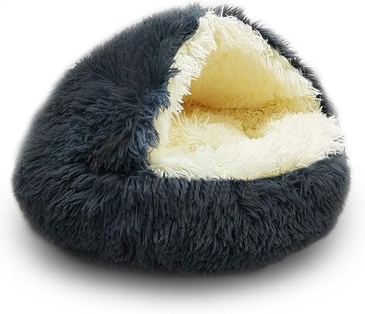 ShinHye Cat Bed Round Plush Fluffy Hooded Cat Bed Cave, Cozy for Indoor Cats or Small Dog beds, Soothing Pet Beds Doughnut Calm Anti-nxiety Dog Bed - Waterproof Bottom Washable (20×20inch, Dark Grey)