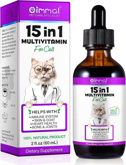 Cat Multivitamin, 15 in 1 Cat Multivitamin Liquid Drops, Cats Vitamins and Supplements with Glucosamine and Probiotics, Bones, Joint, Skin & Coat, Bladder, Immune System Support, 60ML