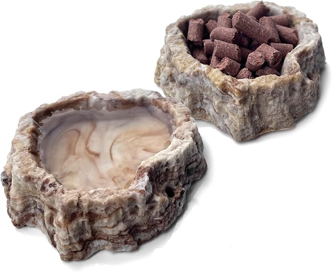 2 Pack Reptile Food Bowls - Reptile Water and Food Bowls with Tongs Imitating Natural Rock，Breadworm Feeding for Leopard Gecko Lizard Spider Scorpion Chameleon (2 Pcs Light Color)