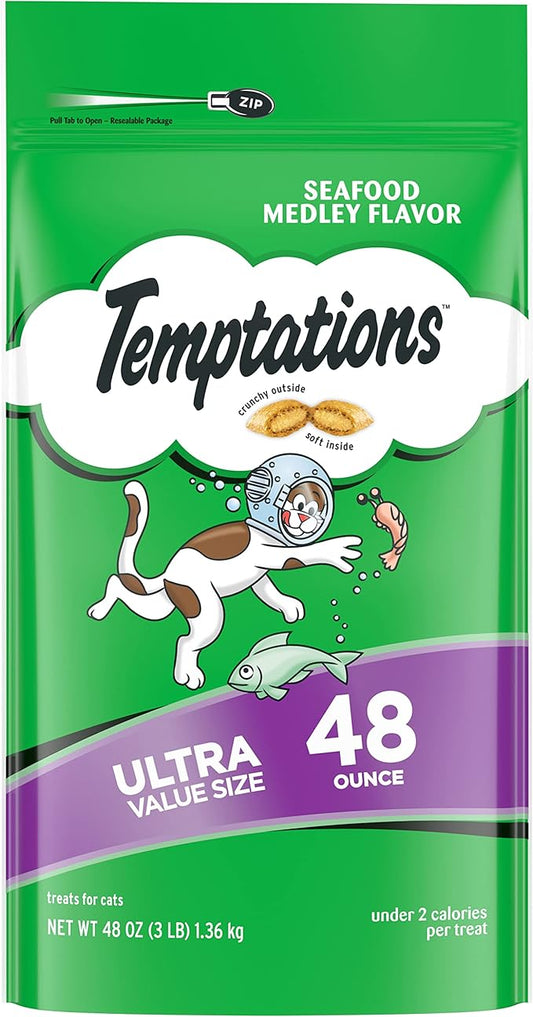 Temptations Classic Crunchy and Soft Cat Treats, Seafood Medley Flavor, 48 oz. Pouch