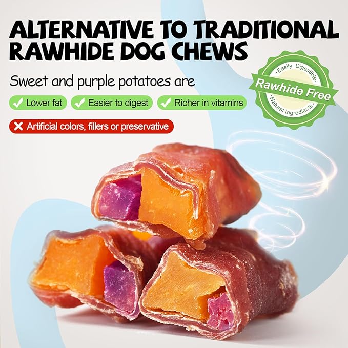 ASMPET Dog Treats Chews, Duck Wrapped Sweet Potato and Purple Potato, Gluten and Grain Free 10.6 oz