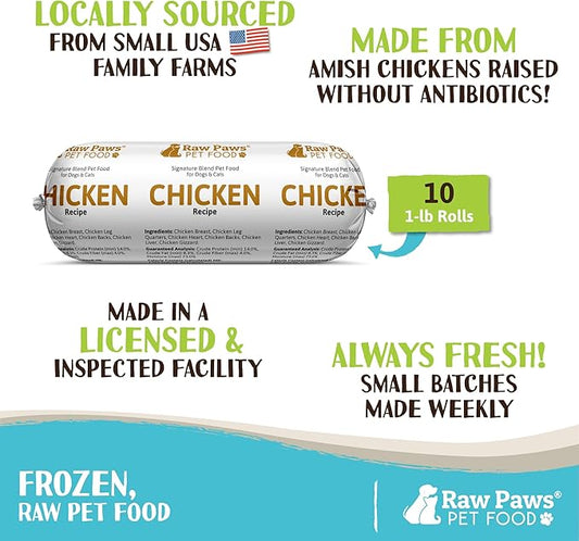 Raw Paws Signature Blend Pet Food for Dog & Cats - Chicken Recipe, 1-lb Rolls (10 Pack) - Frozen Fresh Dog Food - Made in USA - Natural Raw Diet Dog Food Log