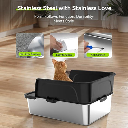 Cordless Cat Water Fountain Stainless Steel+ Litter Box Set, 4L Automatic Wireless Pet Water Dispenser with 20pack Filter + Cat Litter Box Sets for Multi Pet Family