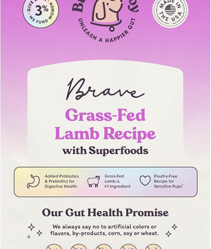 Brave Probiotic Dog Food Dry, Lamb, 4lb Bag, Allergy and Gut-Friendly Adult Kibble for Digestive Health with Grass-Fed Lamb, 20 Plant Based Superfoods, Poultry and Grain Free