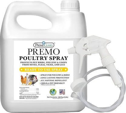 Premo Guard Poultry Spray - 128 oz - Kill Scaly Leg, Mites, Fleas, Lice, & Other Pest on Chickens and in Coops - Natural Plant Based Oils for Control, & Prevention - Family Safe with No Egg Withdrawl