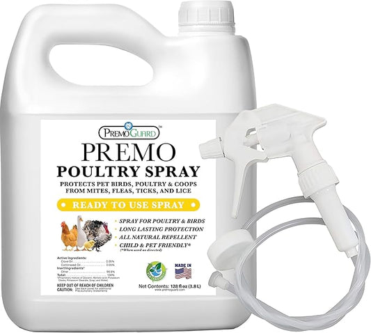 Premo Guard Poultry Spray - 128 oz - Kill Scaly Leg, Mites, Fleas, Lice, & Other Pest on Chickens and in Coops - Natural Plant Based Oils for Control, & Prevention - Family Safe with No Egg Withdrawl