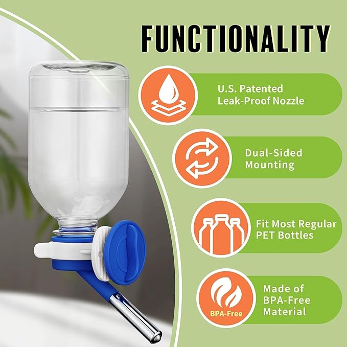 Choco Nose No-Drip Water Bottle Feeder for Guinea Pigs, Hamsters, Bunnies, Ferrets, & Small Pets, 10.2 fl.oz, 300ml - Easy to Install in Cages/Crates, US Patented Leakproof Nozzle 10mm, Blue (C128)