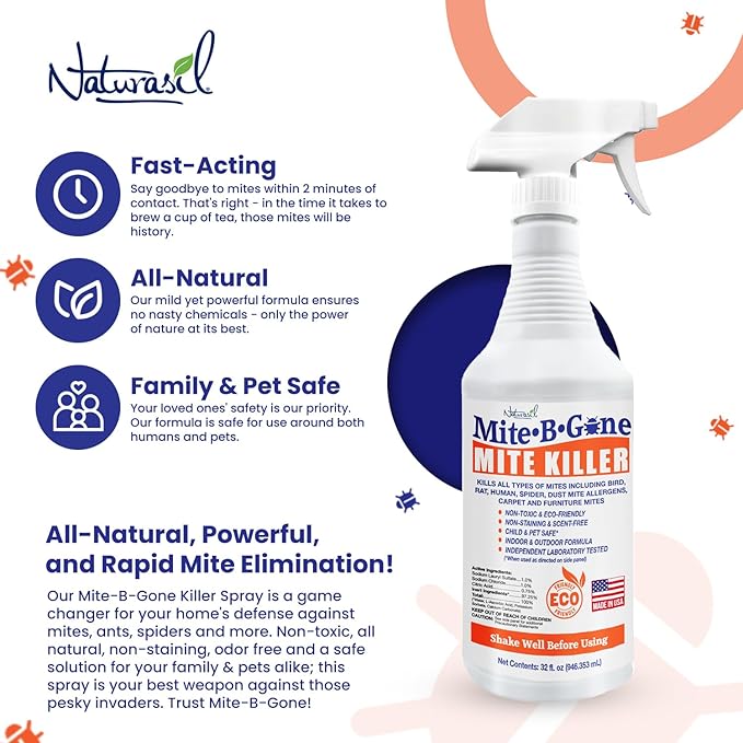 Mite Killer Spray by Mite-B-Gone — Kills Human Mites, Dust, Spider, Rat, Carpet & Bird Mites in Homes, Furniture, Bedding, Auto & On Animals | Non-Toxic | Kid & Pet Safe | 32oz Spray