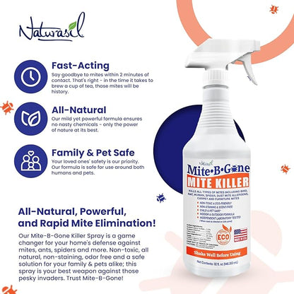 Mite Killer Spray by Mite-B-Gone — Kills Human Mites, Dust, Spider, Rat, Carpet & Bird Mites in Homes, Furniture, Bedding, Auto & On Animals | Non-Toxic | Kid & Pet Safe | 32oz Spray