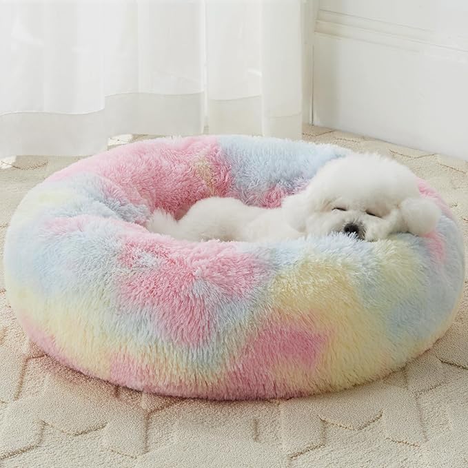 WNPETHOME Calming Dog Bed Cat Bed Donut, Faux Fur Pet Bed Self-Warming Donut Cuddler, Comfortable Round Plush Dog Beds (27 x 27 x 8 Inch, Rainbow)
