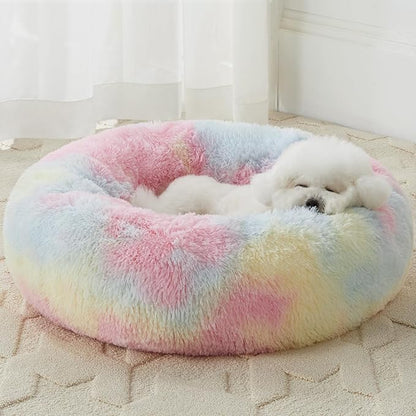 WNPETHOME Calming Dog Bed Cat Bed Donut, Faux Fur Pet Bed Self-Warming Donut Cuddler, Comfortable Round Plush Dog Beds (30 x 30 x 10 Inch, Rainbow)