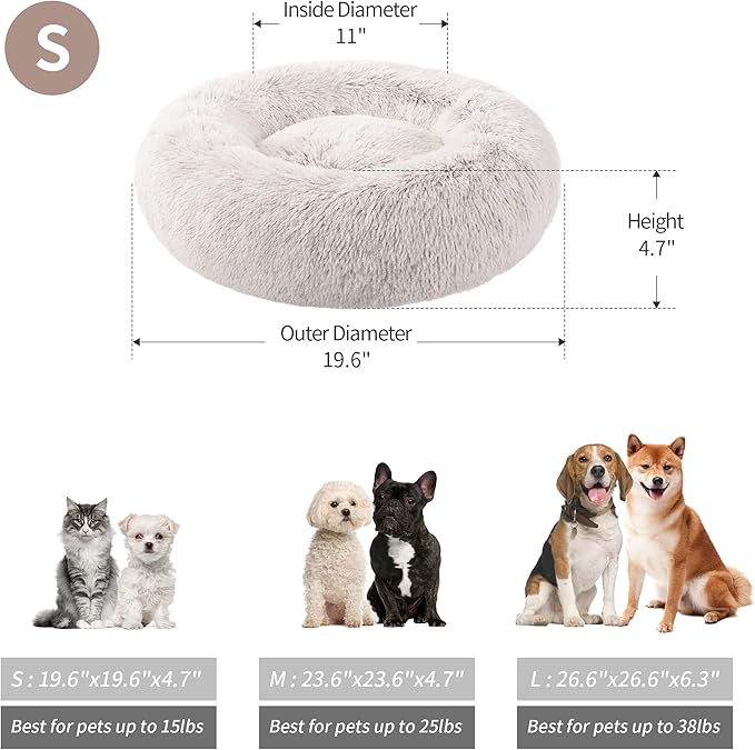 Love's cabin Calming Cat Bed for Indoor Cats, Anti-Anxiety Donut Round Dog Bed, Fluffy Faux Fur Washable Pet Bed for Small Medium Dogs and Cats,Tie-Dye/Coffee,20in