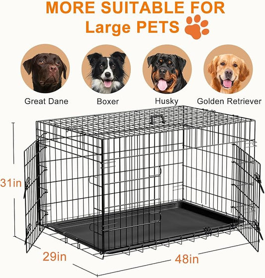 FDW XL Dog Crate 48inch Dog Cage Foldable Metal Kennel with Leakproof Tray Foldable Design Indoor Outdoor Use for Extra Large Dogs,Black