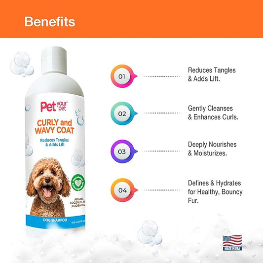 Natural Dog Shampoo for Curly & Wavy Coats – Hydrating & Tangle-Reducing Wash with Argan, Coconut & Jojoba Oils – Deodorizing for Poodles, Goldendoodles & Cocker Spaniels – 16 oz