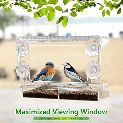 Window Bird Feeder for Outdoors with Strong Suction Cups, Acrylic Clear Window Bird Feeders for Viewing with Large Capacity Detachable Seed & Water Tray