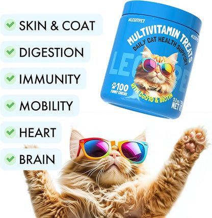 Multivitamin Cat Treats Vitamins for Indoor Cats Skin & Coat Digestion Immunity Mobility Heart & Brain Support Supplements for Overall Cat Health with Vitamins A B C D E and Biotin 100 Yummy Chews