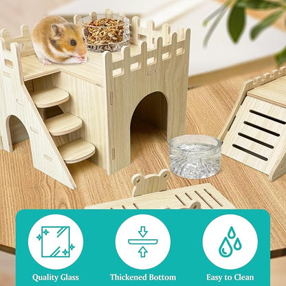 BNOSDM 2Pcs Hamster Food and Water Bowl Mountain Fuji Style Glass Drinking Dwarf Hamster Feeder Anti-Turning Dish for Syrian Hamsters Gerbils Mice Rats or Other Similar-Sized Pets (Transparent)