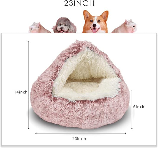 ShinHye Cat Bed Round Plush Fluffy Hooded Cat Bed Cave, Cozy for Indoor Cats or Small Dog beds, Soothing Pet Beds Doughnut Calm Anti-nxiety Dog Bed - Waterproof Bottom Washable (26×26inch, Pink)