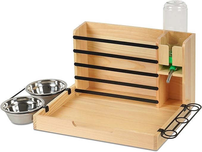 Wooden Rabbit Hay Feeder,Guinea Pig Hay Feeder,Bunny Hay Holder Hanging with 500ml Water Bottle, Small Animals Hay Manger for Chinchillas, Hamster, Dwarf Rabbit,Ferrets (Wood)