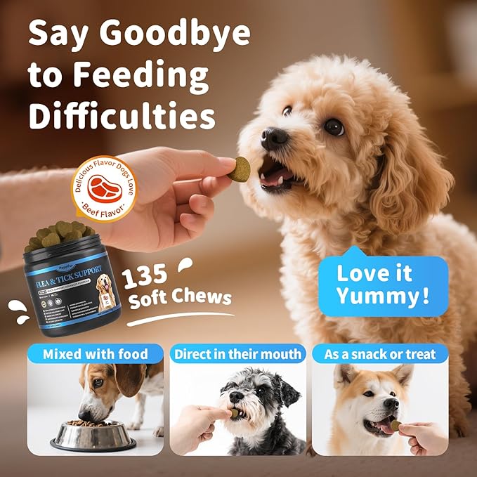Dog Flea and Tick Support Chewable, Natural Dog Flea Comfort Supplement, Oral Chews with Neem, Oregano Oil, Pumpkin Seed Oil & Brewer's Yeast – 135 Soft Chews, Beef Flavor – for All Breeds & Sizes