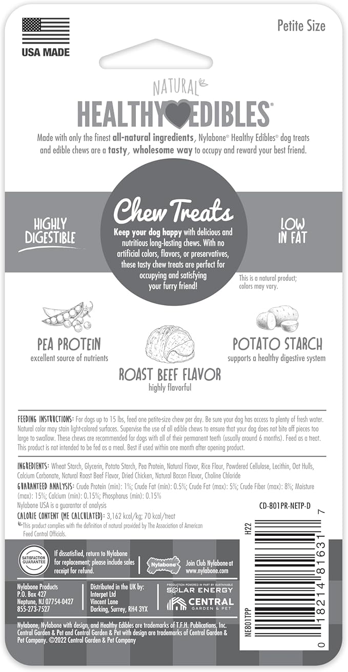 Nylabone Healthy Edibles Natural Dog Chews Long Lasting Roast Beef Flavor Treats for Dogs, X-Small/Petite (2 Count) (Pack of 2)