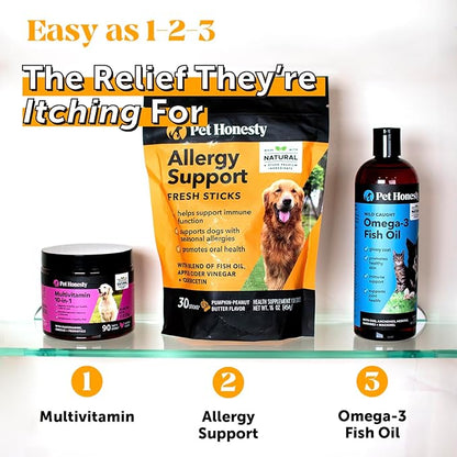 Pet Honesty Allergy Support Fresh Dental Sticks - Dental Treats for Dogs - Dental Dog Chews - Immune Health + Allergy Support for Dogs - Freshen Dog Breath, Reduce Plaque + Tartar - 30 Sticks