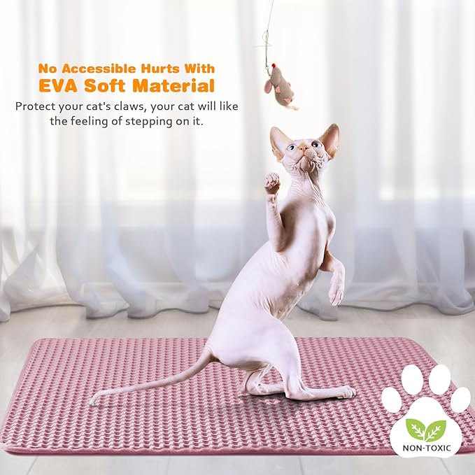 Waterproof Cat Litter Mat, Double Layer EVA, Odor-Free Large Grid, Urine Proof, Easy Cleanup (Pink, 16 x 20)