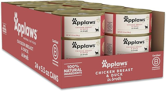 Applaws Natural Wet Canned Cat Food, Limited and Natural Ingredients, High Protein with No Artificial Additives, Chicken Breast & Duck in Broth (24 x 5.5oz Cans)