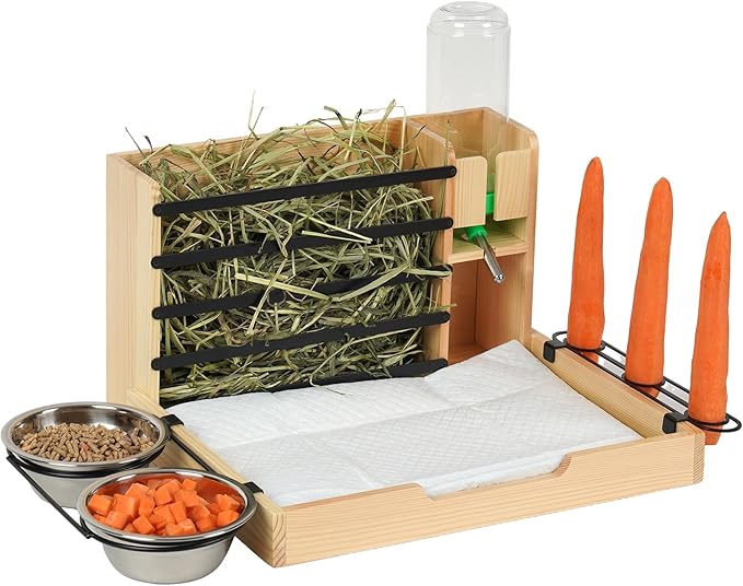 Wooden Rabbit Hay Feeder,Guinea Pig Hay Feeder,Bunny Hay Holder Hanging with 500ml Water Bottle, Small Animals Hay Manger for Chinchillas, Hamster, Dwarf Rabbit,Ferrets (Wood)