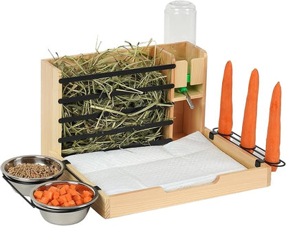 Wooden Rabbit Hay Feeder,Guinea Pig Hay Feeder,Bunny Hay Holder Hanging with 500ml Water Bottle, Small Animals Hay Manger for Chinchillas, Hamster, Dwarf Rabbit,Ferrets (Wood)