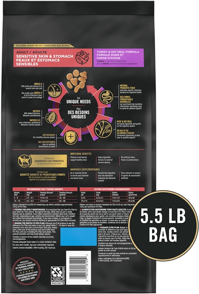Purina Pro Plan Sensitive Skin and Stomach Dry Cat Food Turkey and Oat Meal Formula - (Pack of 1) 5.5 Pound Bag