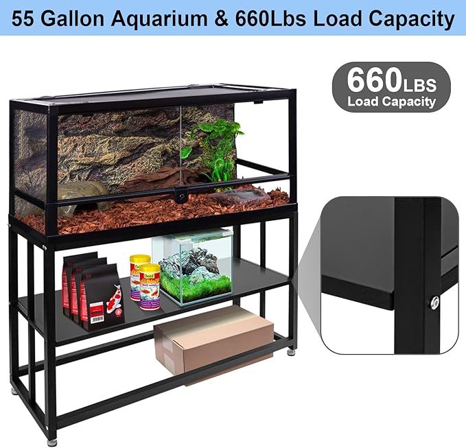 Fish Tank Stand Heavy Duty Metal Aquarium Stand 55 Gallon Tank Stand 660LBS 48.4" L x 14.17“W x 29.5”H, Double Layer for Home and Office More Storage Space, Black