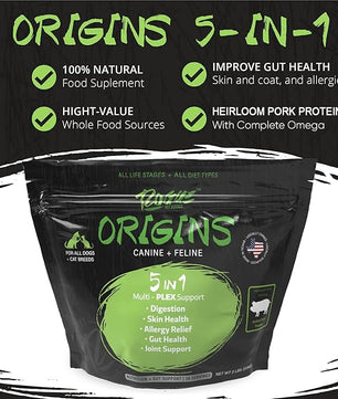 Origins 5-in-1 Dog Supplement - Powdered Food Topper w/Natural Heirloom Pork Protein- Supports Healthy Digestion, Skin, and Coat - Helps Reduce Itching & Joint Inflammation (2 lbs)