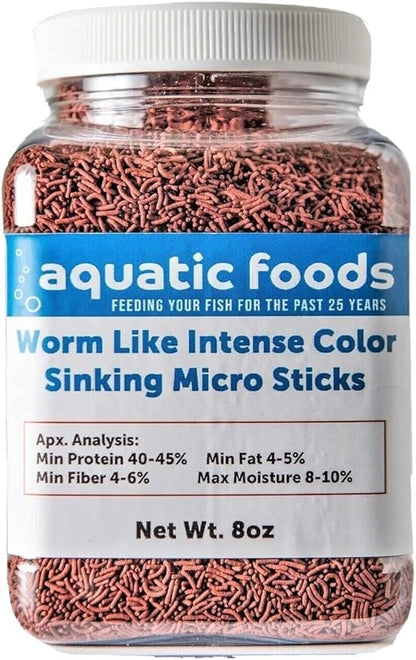 Aquatic Foods Inc. Worm Like Intense Color Enhancing Sinking Micro Sticks for Discus, Cichlids, Koi and Pond Fish, All Tropical Fish…8oz Small Jar