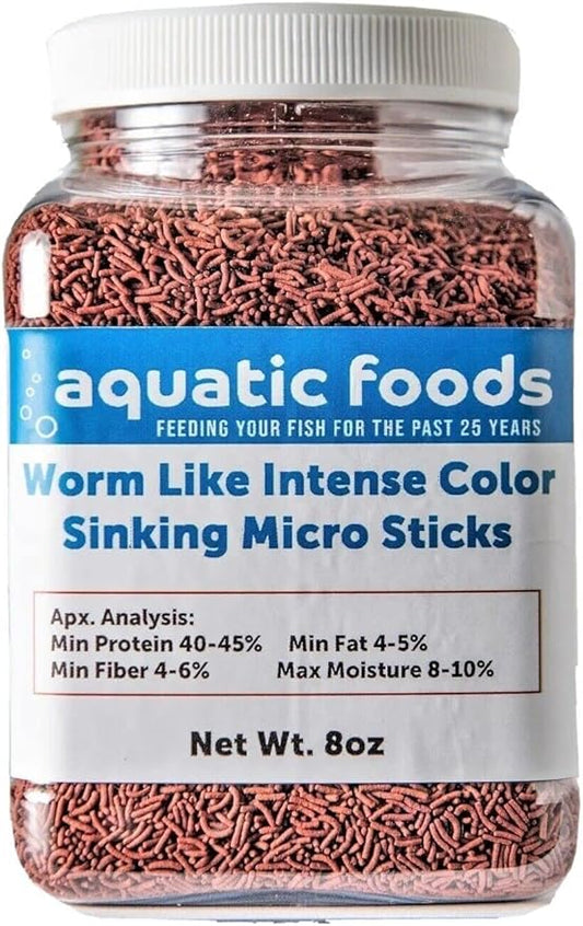 Aquatic Foods Inc. Worm Like Intense Color Enhancing Sinking Micro Sticks for Discus, Cichlids, Koi and Pond Fish, All Tropical Fish…8oz Small Jar