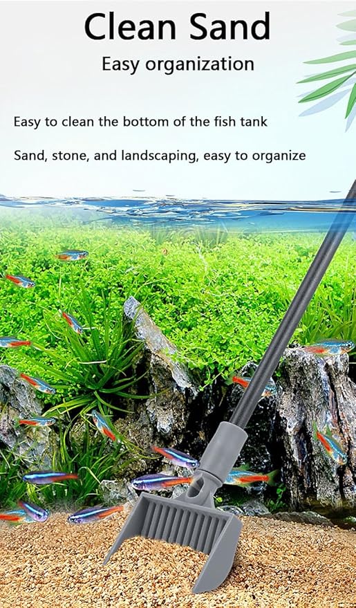 6-in-1 Aquarium Cleaning Tools Fish Tank Cleaning Kit with Long Handle, Algae Scraper,Flat Cleaning Pad,Right-Angle Cleaning Pad,Fish Net, Gravel Rake