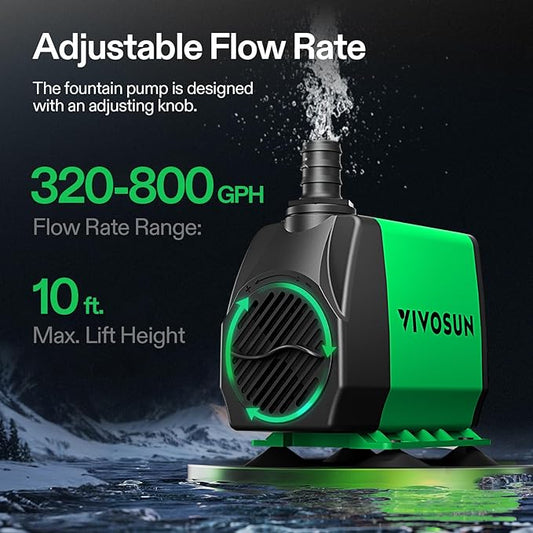 VIVOSUN 800GPH Submersible Pump(3000L/H, 24W), Ultra Quiet Water Fountain Pump with 10ft. High Lift with 6.5ft. Power Cord, 3 Nozzles for Fish Tank, Pond, Aquarium, Statuary, Hydroponics Green
