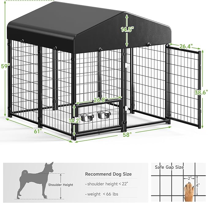 Outdoor Dog Kennel with Roof, Weatherproof Dog Kennel Outside with Swivel Feeders & Removable Doggy Door, Backyard Dog Run Playpen Pet Enclosures for Medium to Large Dogs (5'L x 5'W x 5'H)