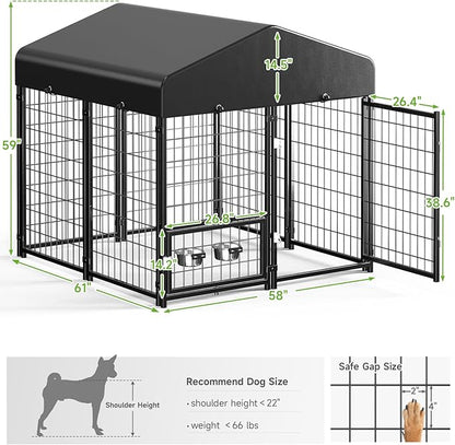 Outdoor Dog Kennel with Roof, Weatherproof Dog Kennel Outside with Swivel Feeders & Removable Doggy Door, Backyard Dog Run Playpen Pet Enclosures for Medium to Large Dogs (5'L x 5'W x 5'H)