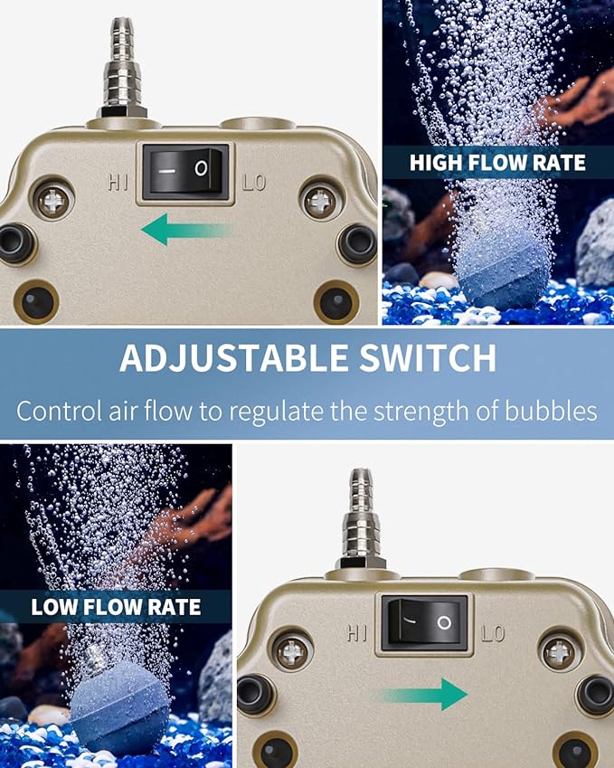 Pawfly 254 GPH Aquarium Air Pump Adjustable Quiet Oxygen Aerator Pump with Multi-Port Air Flow Control Lever Valve Splitter and Airline Tubing for Fish Tanks Ponds and DWC Systems Up to 300 Gallons