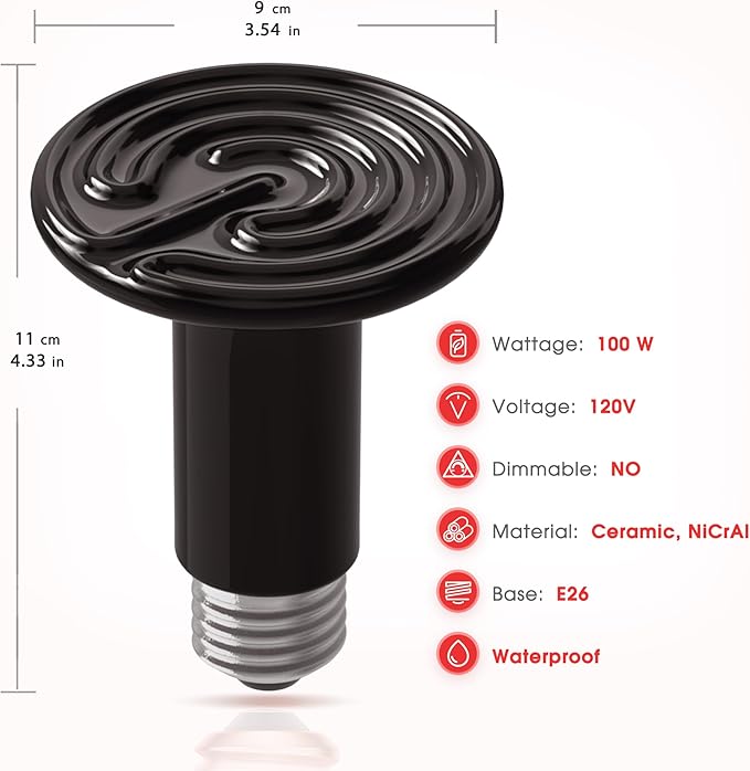 Ceramic Heat Emitter for Reptiles, 2 Pack 100W Heat Lamp Bulb, E26 Ceramic Reptile Heat Bulb Black, No Light Emitting Heat Lamp for Amphibian Pet, Heat Bulb for Bearded Dragon Turtle Snake Lizard